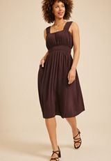 Bare Ruched Empire Waist Midi Dress, COFFEE BEAN, small