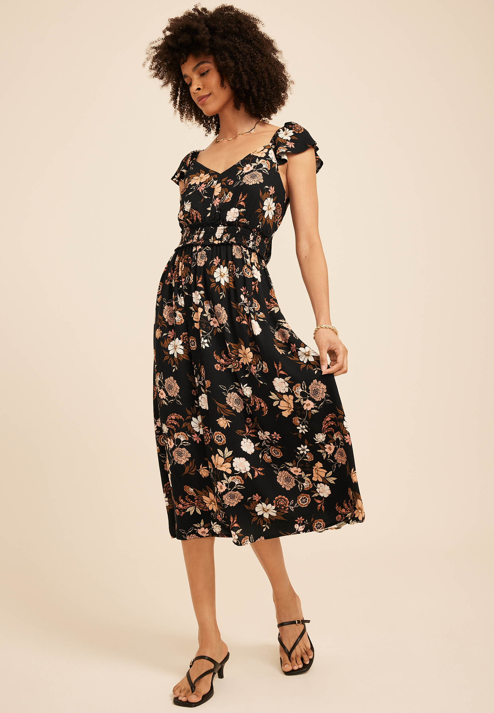 Black Floral Tie Back Midi Dress