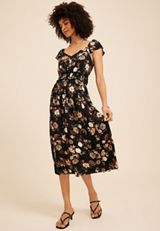 Black Floral Tie Back Midi Dress, C1756, small
