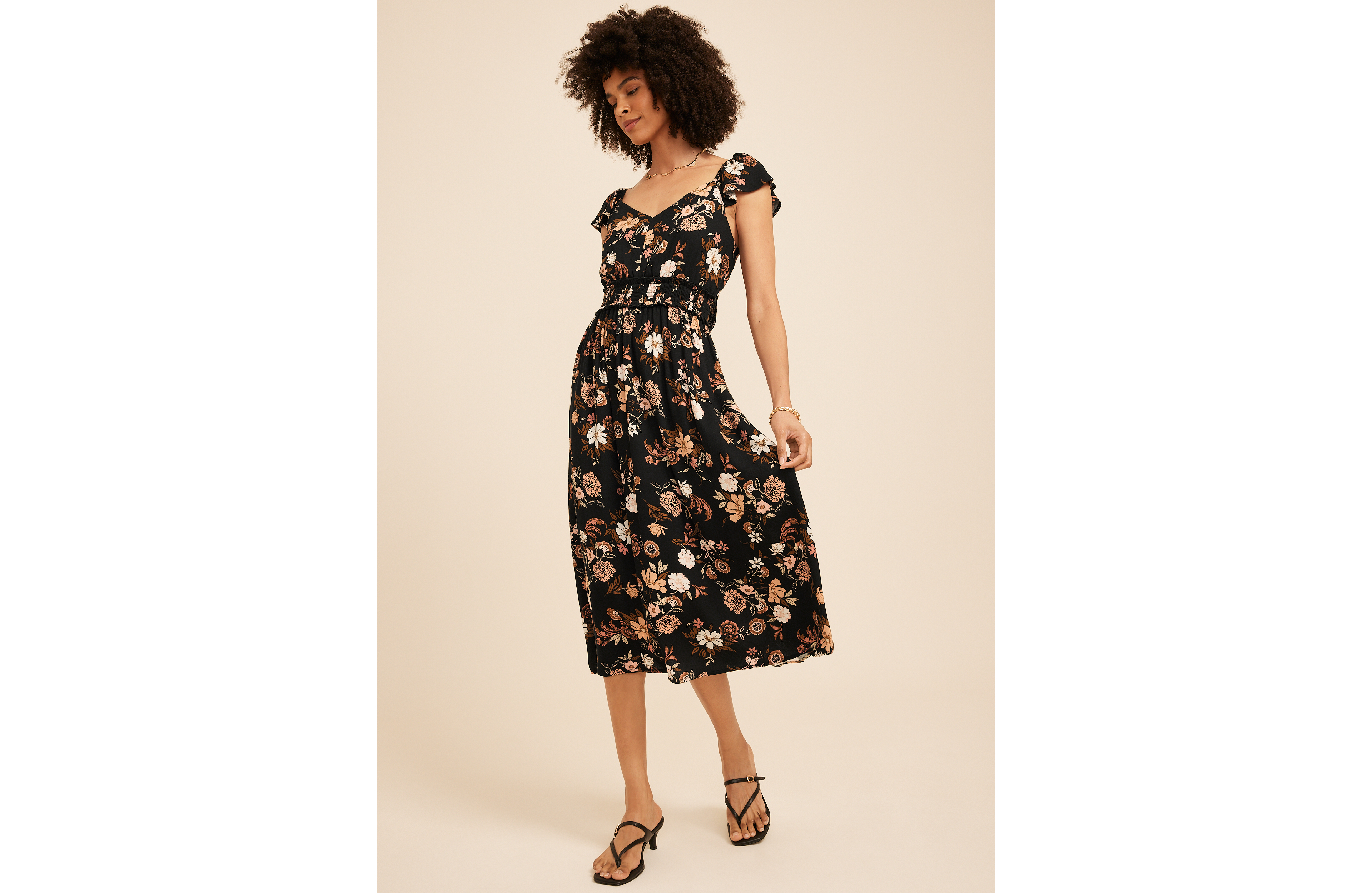 Black Floral Tie Back Midi Dress