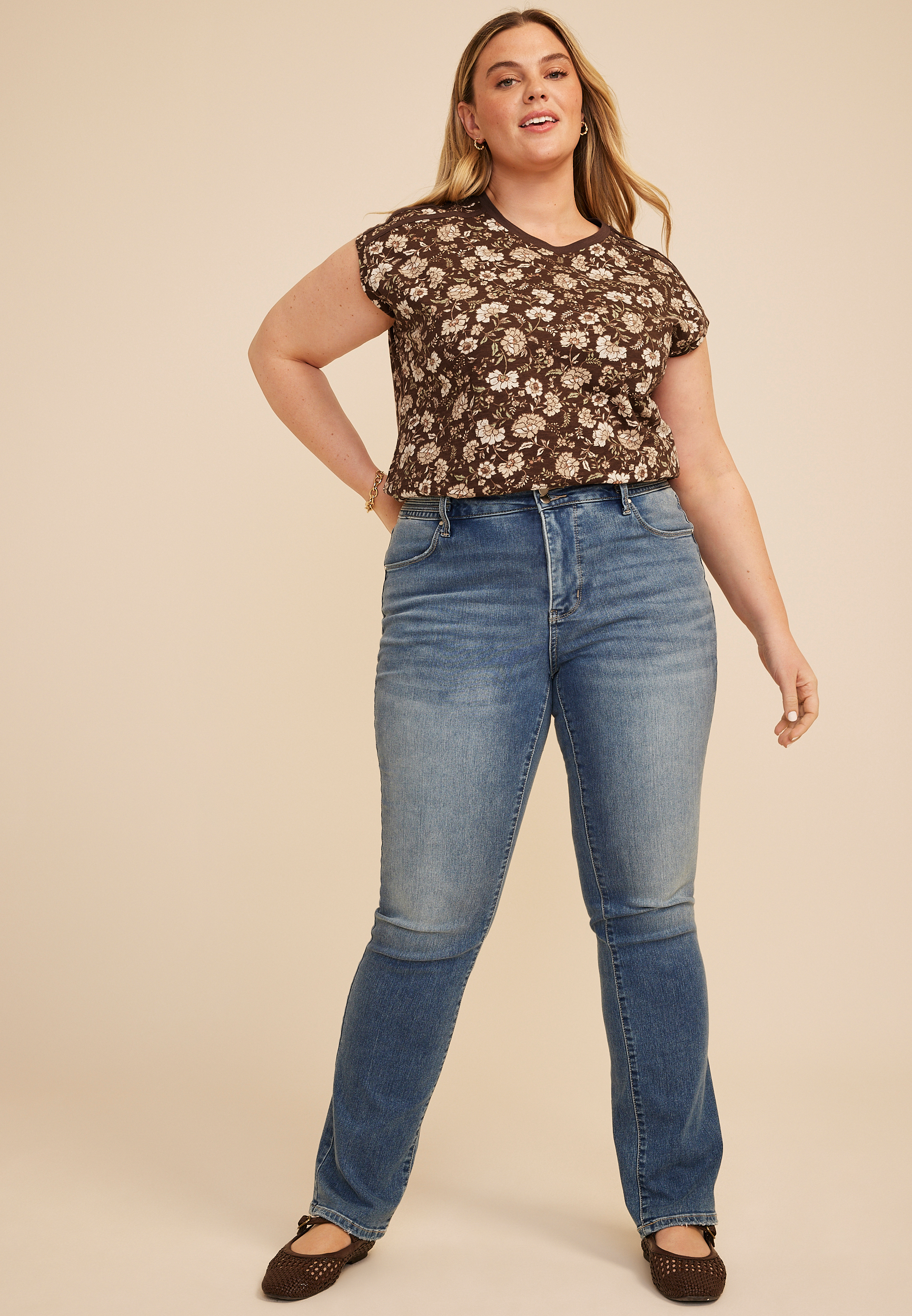 Plus Size 24/7 Shoulder Seamed Floral Tee, CHESTNUT BROWN COMBO, large