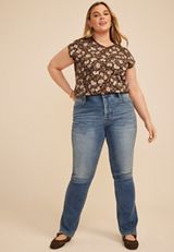 Plus Size 24/7 Shoulder Seamed Floral Tee, CHESTNUT BROWN COMBO, small