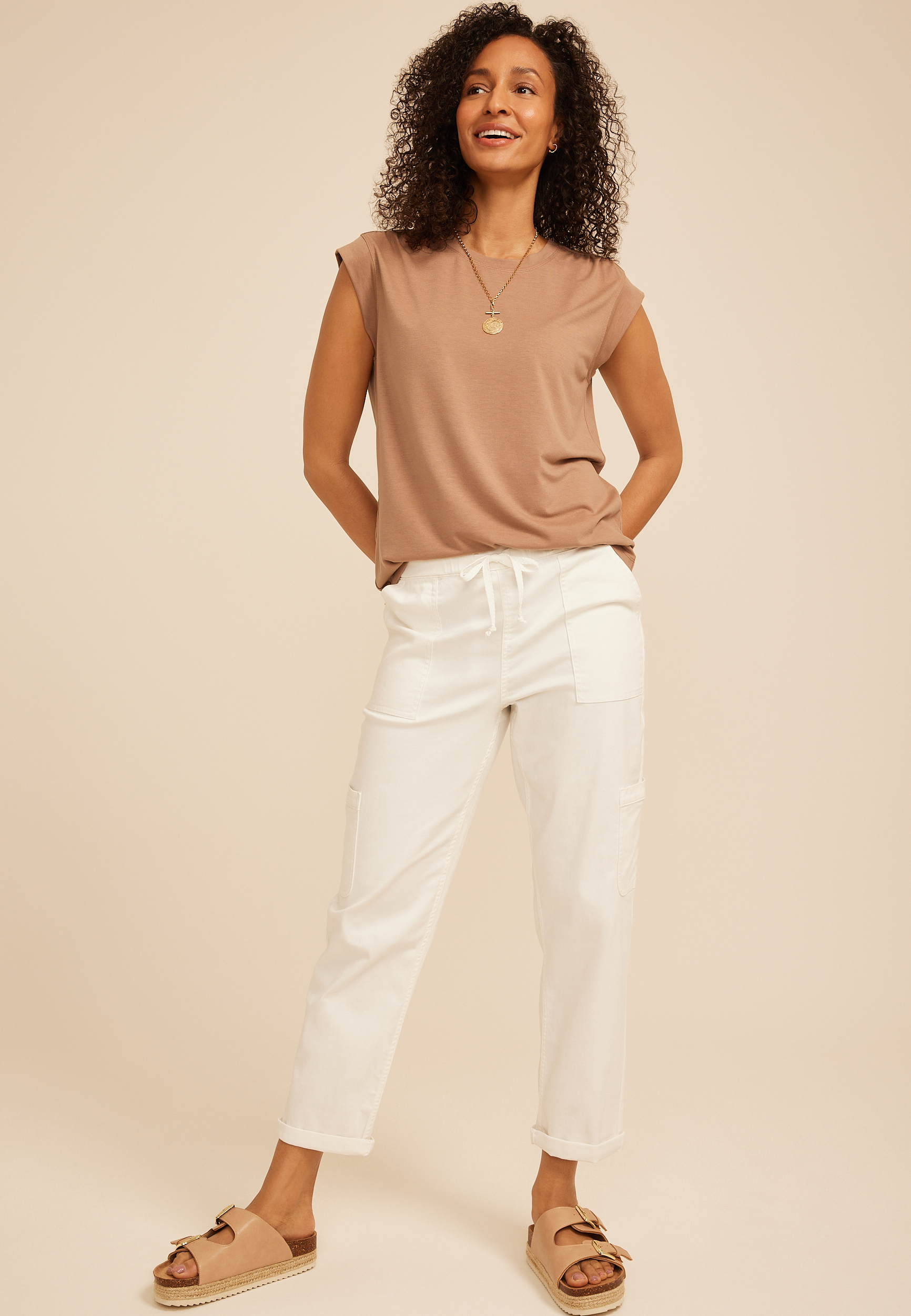 24/7 Shirred Shoulder Cap Sleeve Tee | maurices