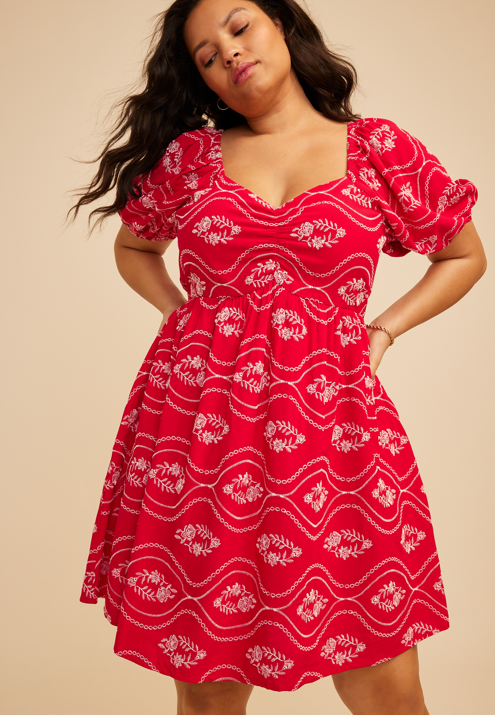 Plus Size Embroidered Puff Sleeve Mini Dress