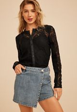 Black Floral Lace Button Front Top, BLACK, small