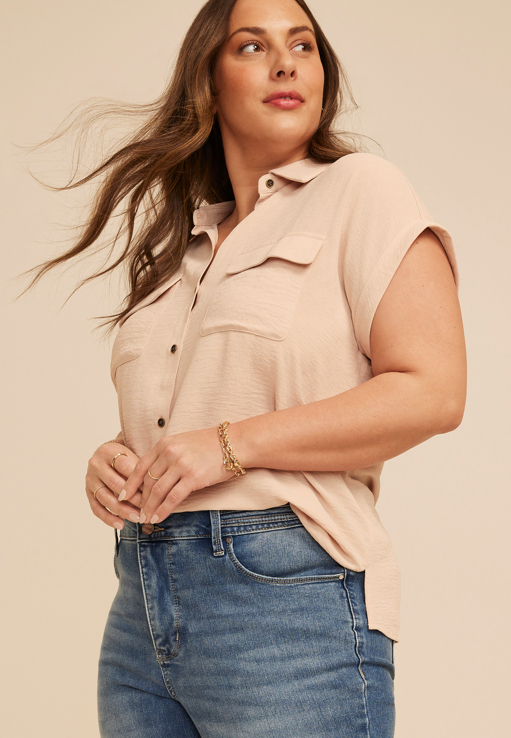 Plus Size Utility Button Down Shirt, C3363, large