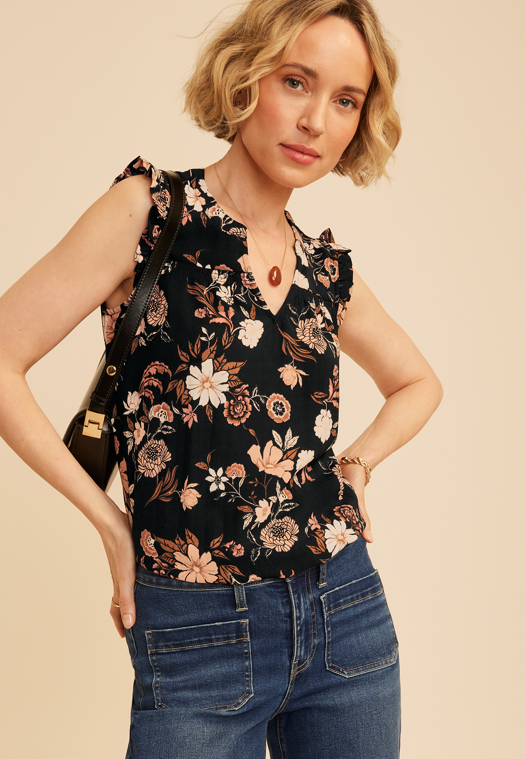 Floral V Neck Ruffle Sleeve Tank Top