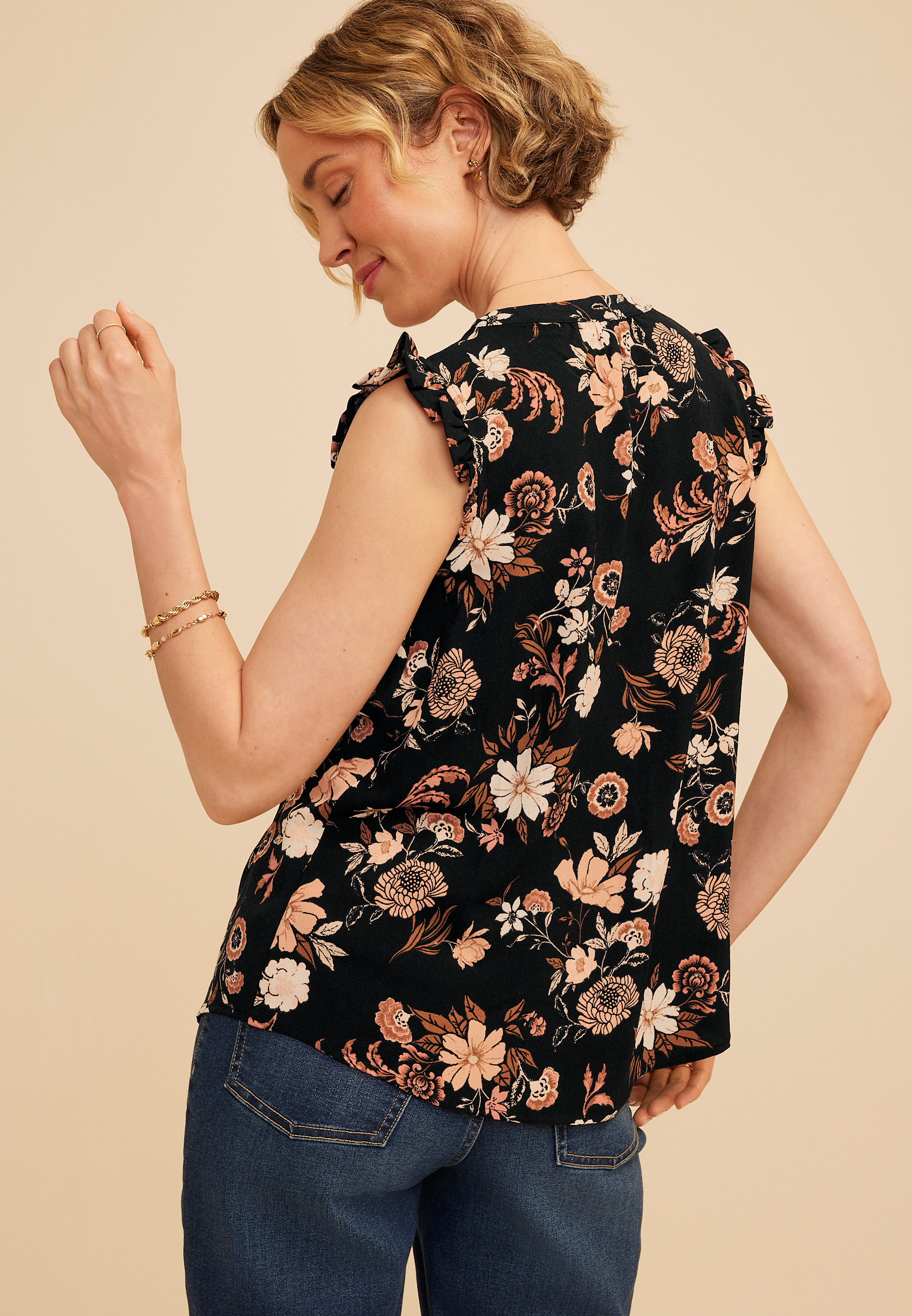 Floral V Neck Ruffle Sleeve Tank Top, BLACK COMBO, large