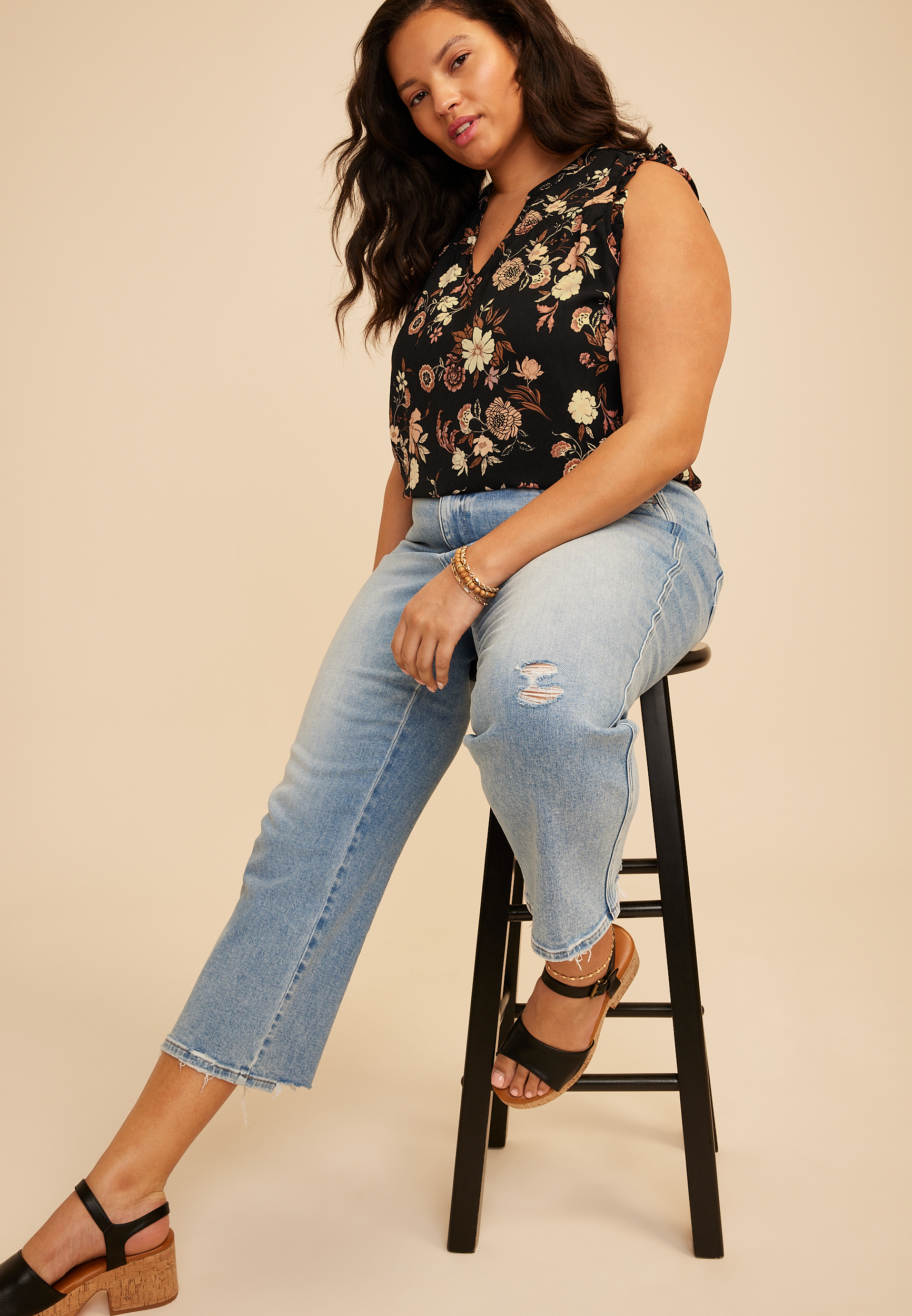 Plus Size Floral V Neck Ruffle Sleeve Tank Top