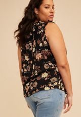 Plus Size Floral V Neck Ruffle Sleeve Tank Top, BLACK COMBO, small