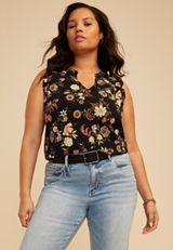 Plus Size Floral V Neck Ruffle Sleeve Tank Top, BLACK COMBO, small
