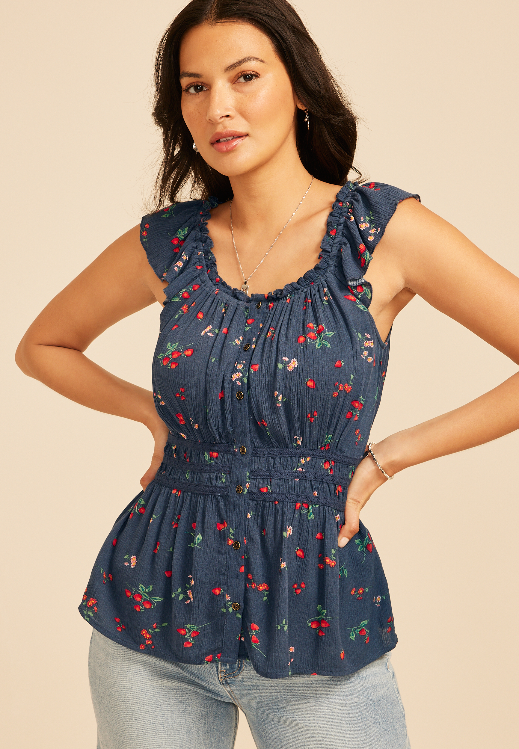 Strawberry Floral Ruffle Trim Peplum Tank Top