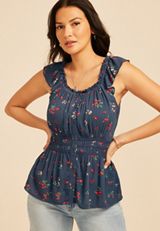 Strawberry Floral Ruffle Trim Peplum Tank Top, INSIGNIA BLUE COMBO, small