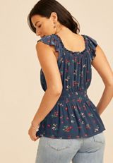 Strawberry Floral Ruffle Trim Peplum Tank Top, INSIGNIA BLUE COMBO, small