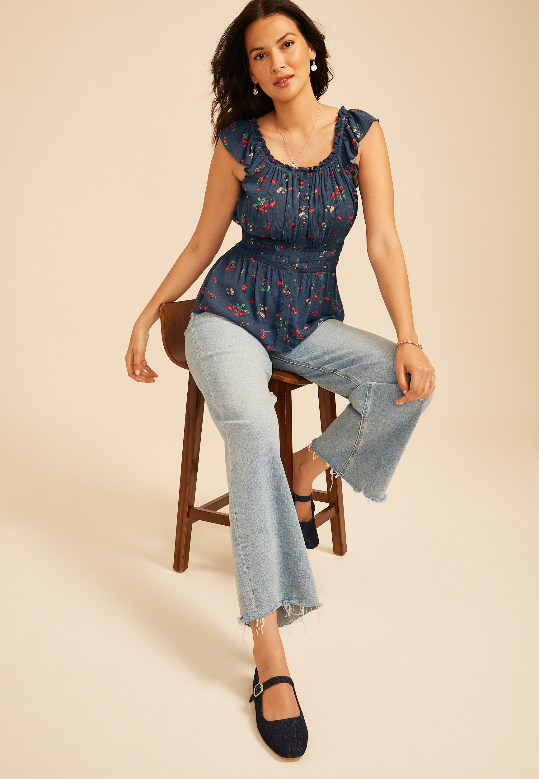 Strawberry Floral Ruffle Trim Peplum Tank Top | maurices