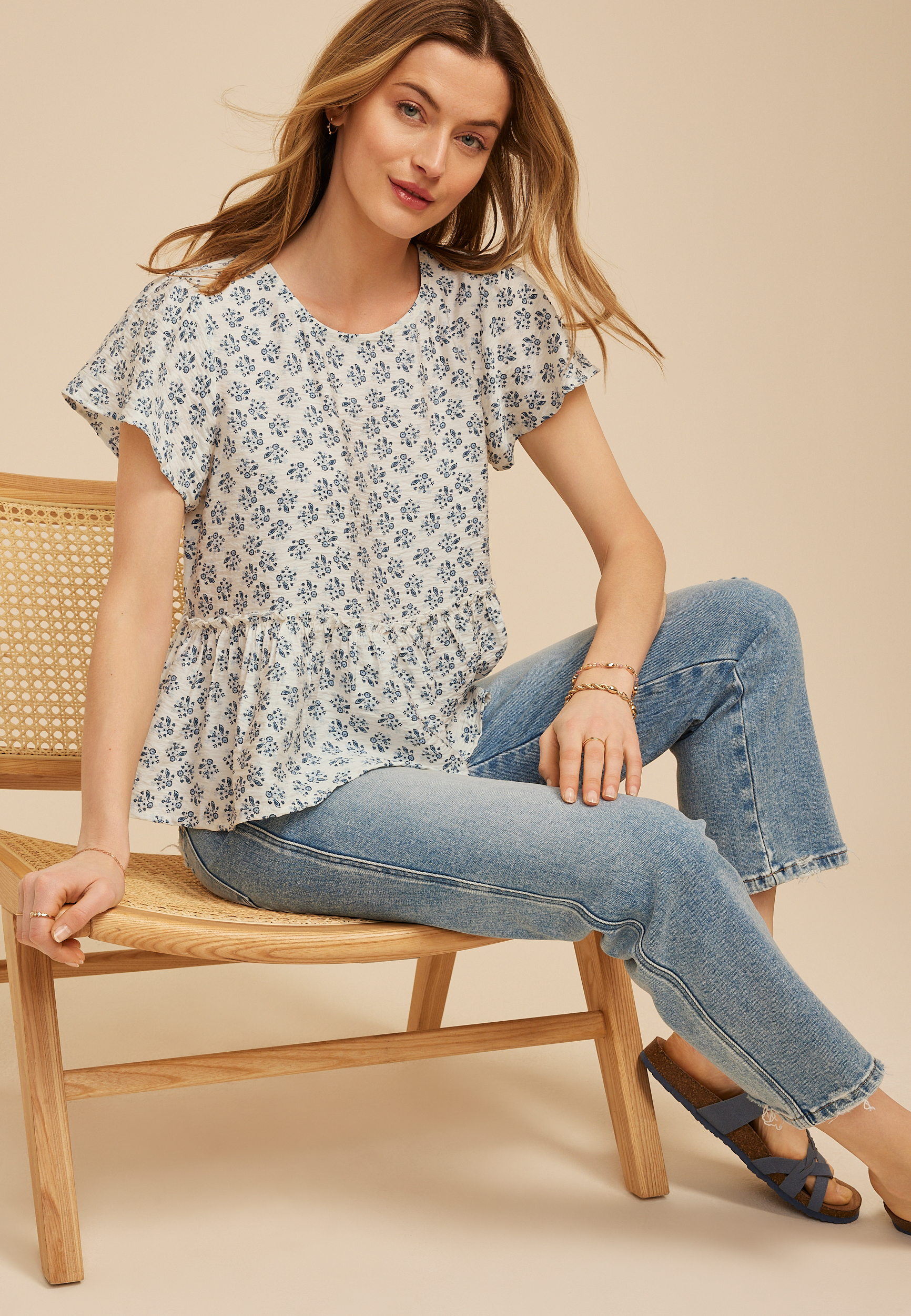 Floral Print Peplum Flutter Sleeve Top