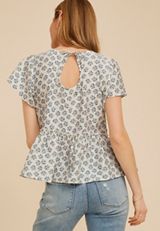 Floral Print Peplum Flutter Sleeve Top, C1750, small