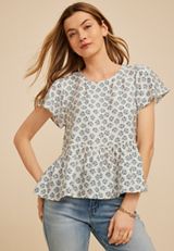 Floral Print Peplum Flutter Sleeve Top, C1750, small