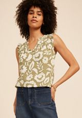 Floral V Neck Ruffle Sleeve Tank Top, C9017, small