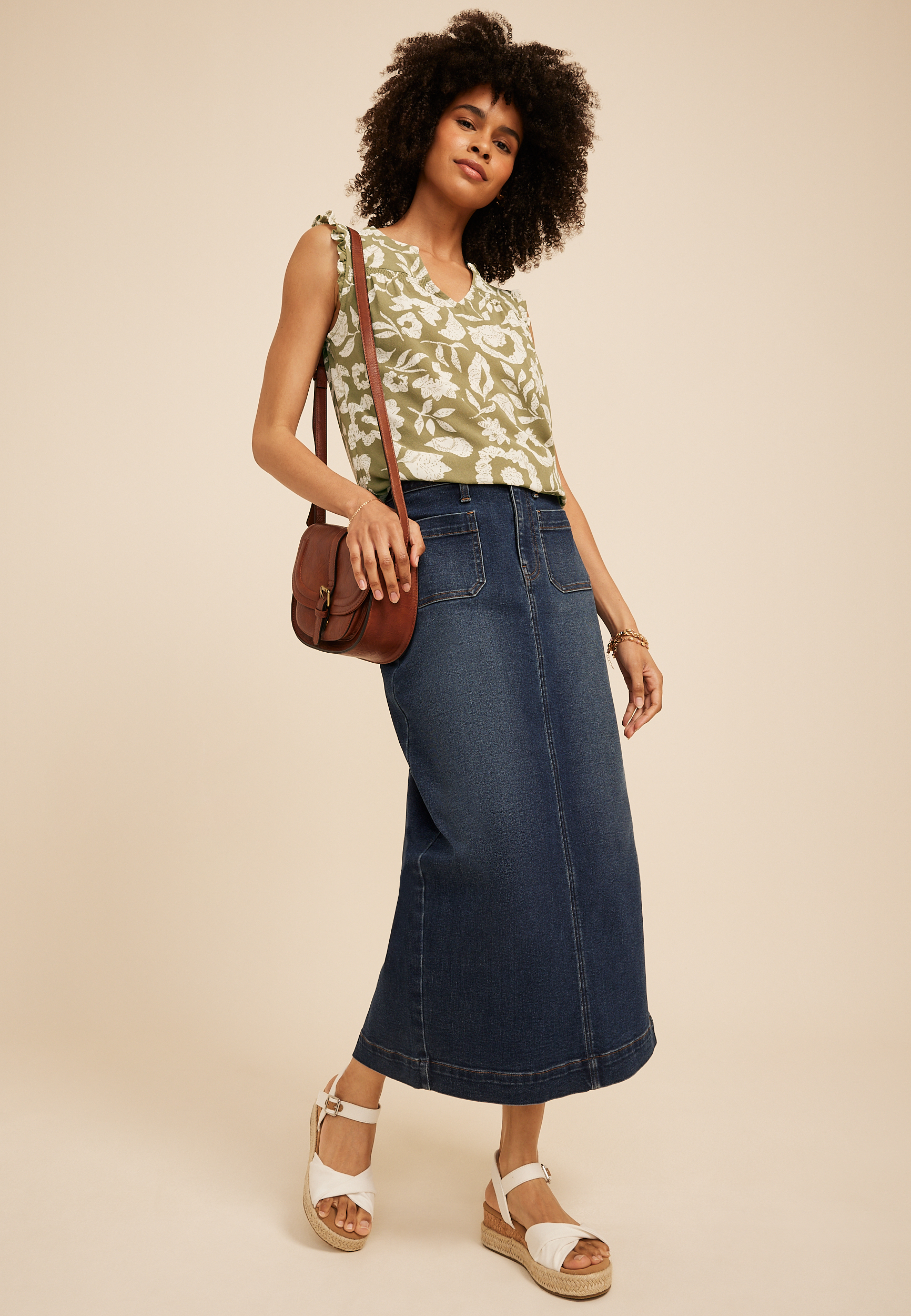 Floral V Neck Ruffle Sleeve Tank Top, C9017, large