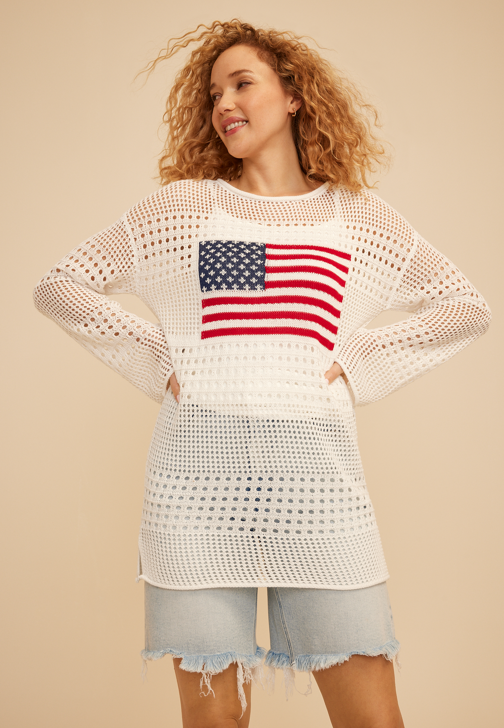 Americana Flag Mixed Stitch Tunic Sweater