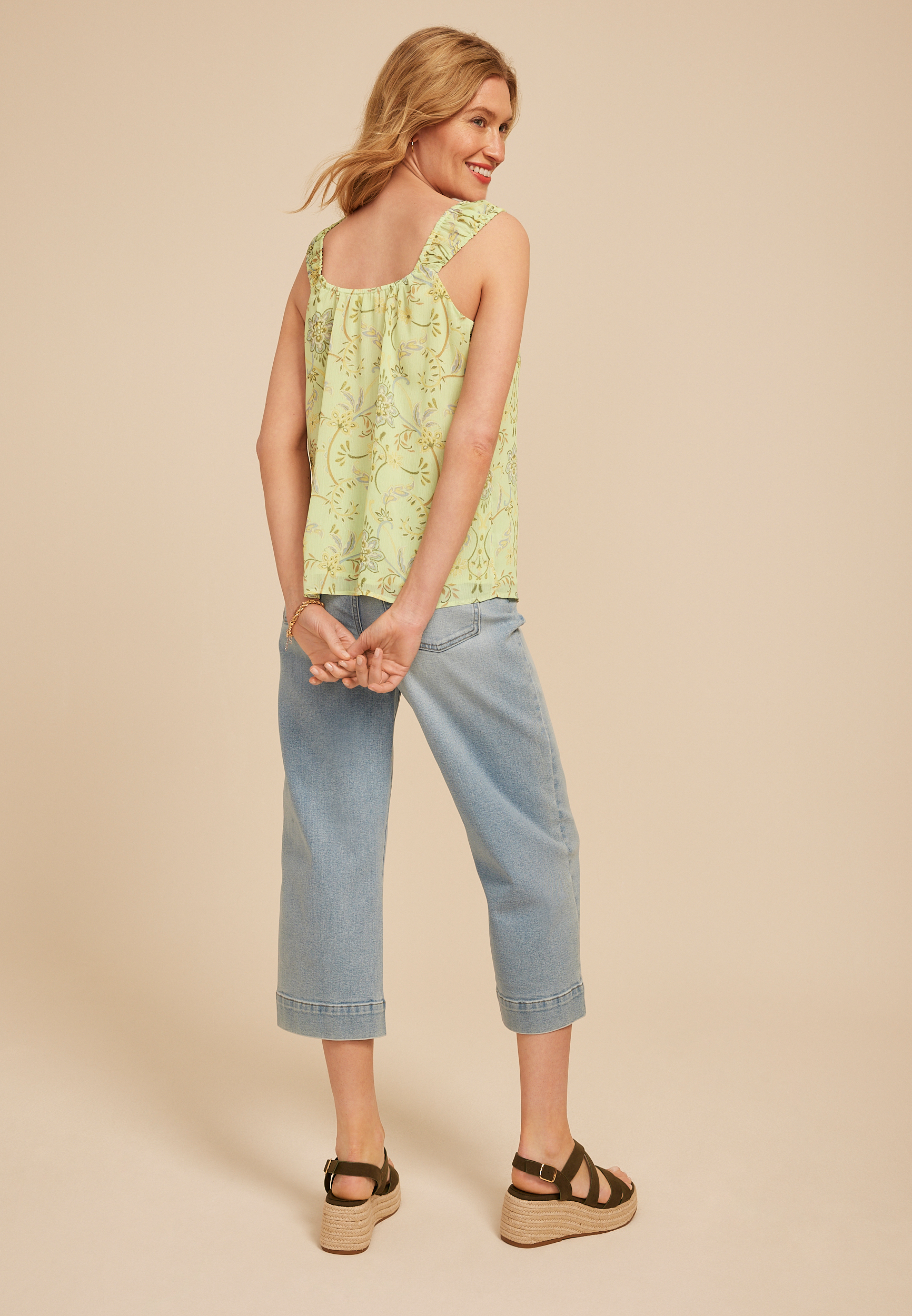 Gleam Floral Ruffle Strap Tank Top, C3766, large
