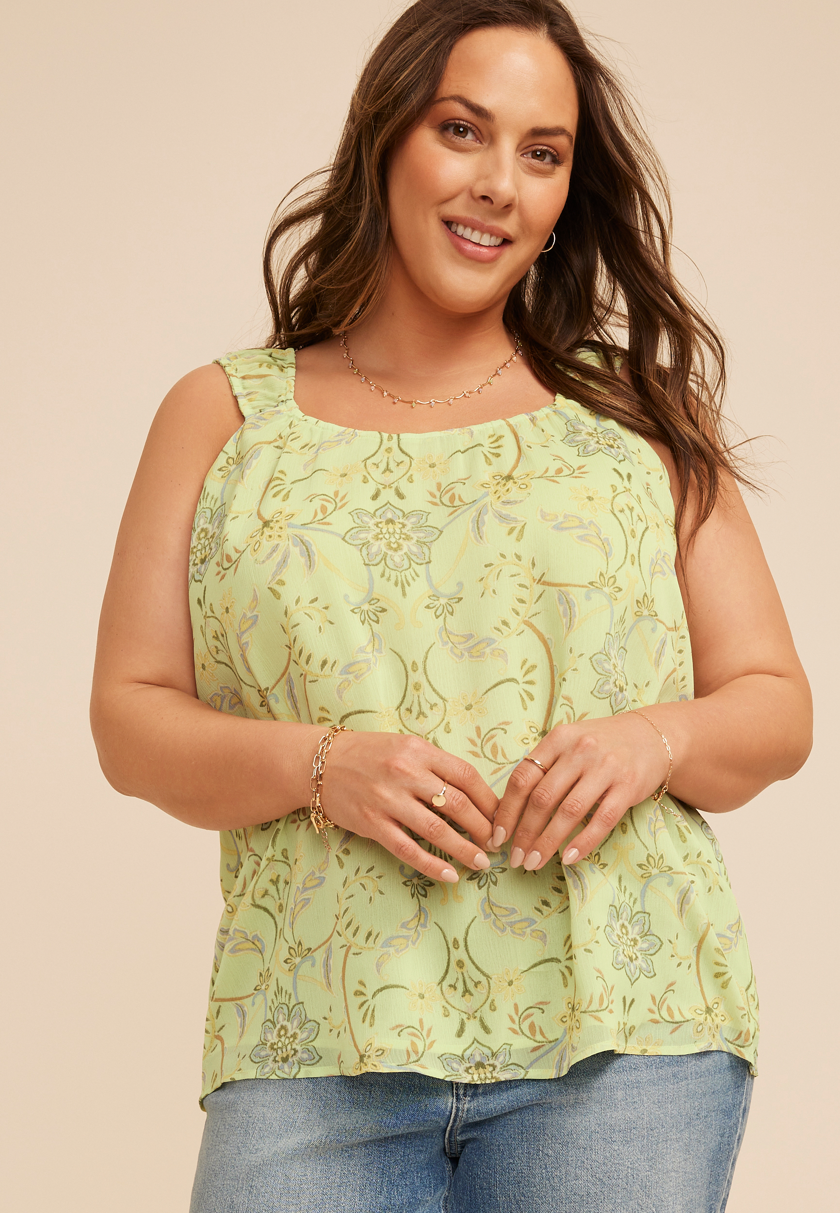 Plus Size Gleam Floral Ruffle Strap Tank Top, C3766, large