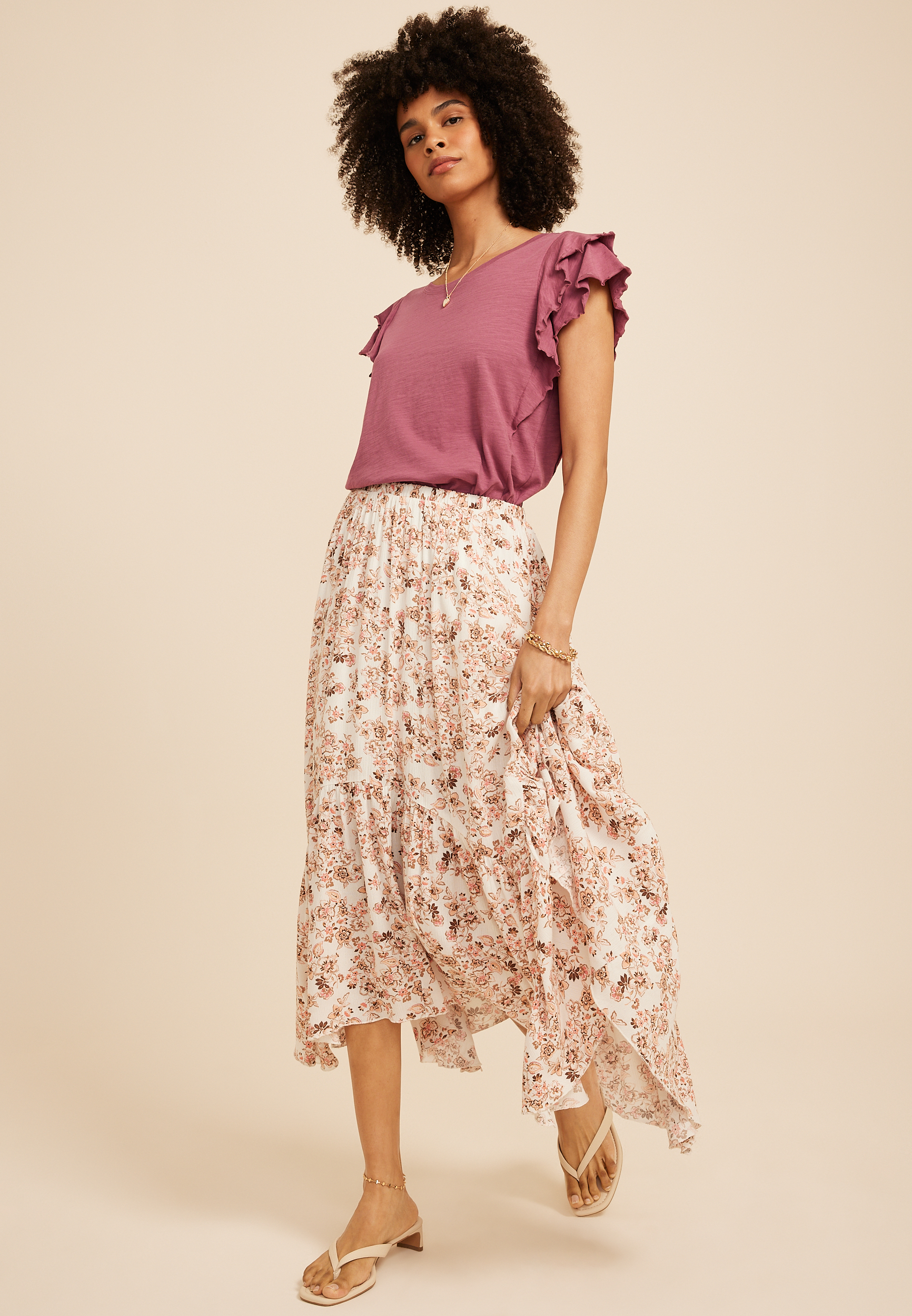 Floral Crinkle Gauze Hanky Hem Maxi Skirt
