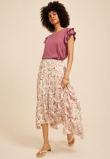 Floral Crinkle Gauze Hanky Hem Maxi Skirt, C8086, small