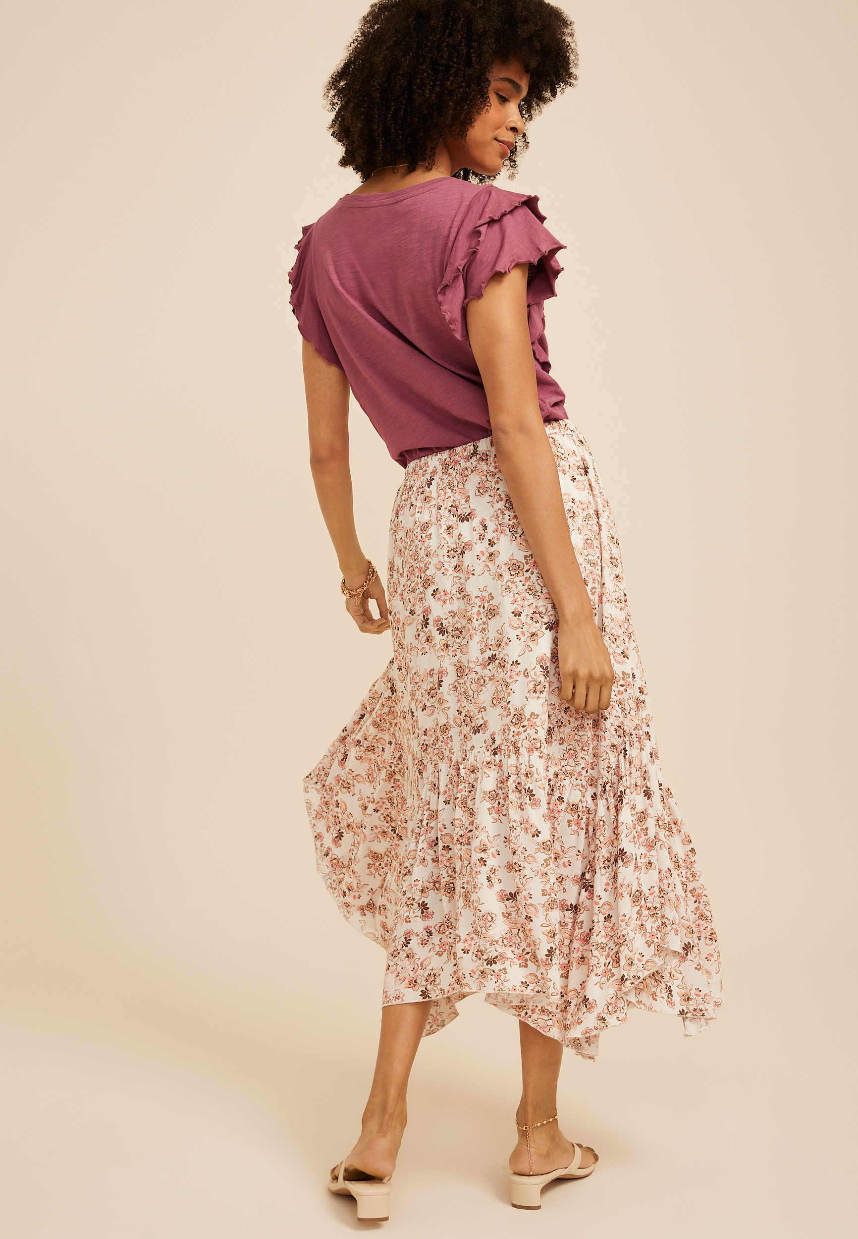 Floral Crinkle Gauze Hanky Hem Maxi Skirt, C8086, large