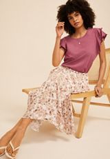 Floral Crinkle Gauze Hanky Hem Maxi Skirt, C8086, small