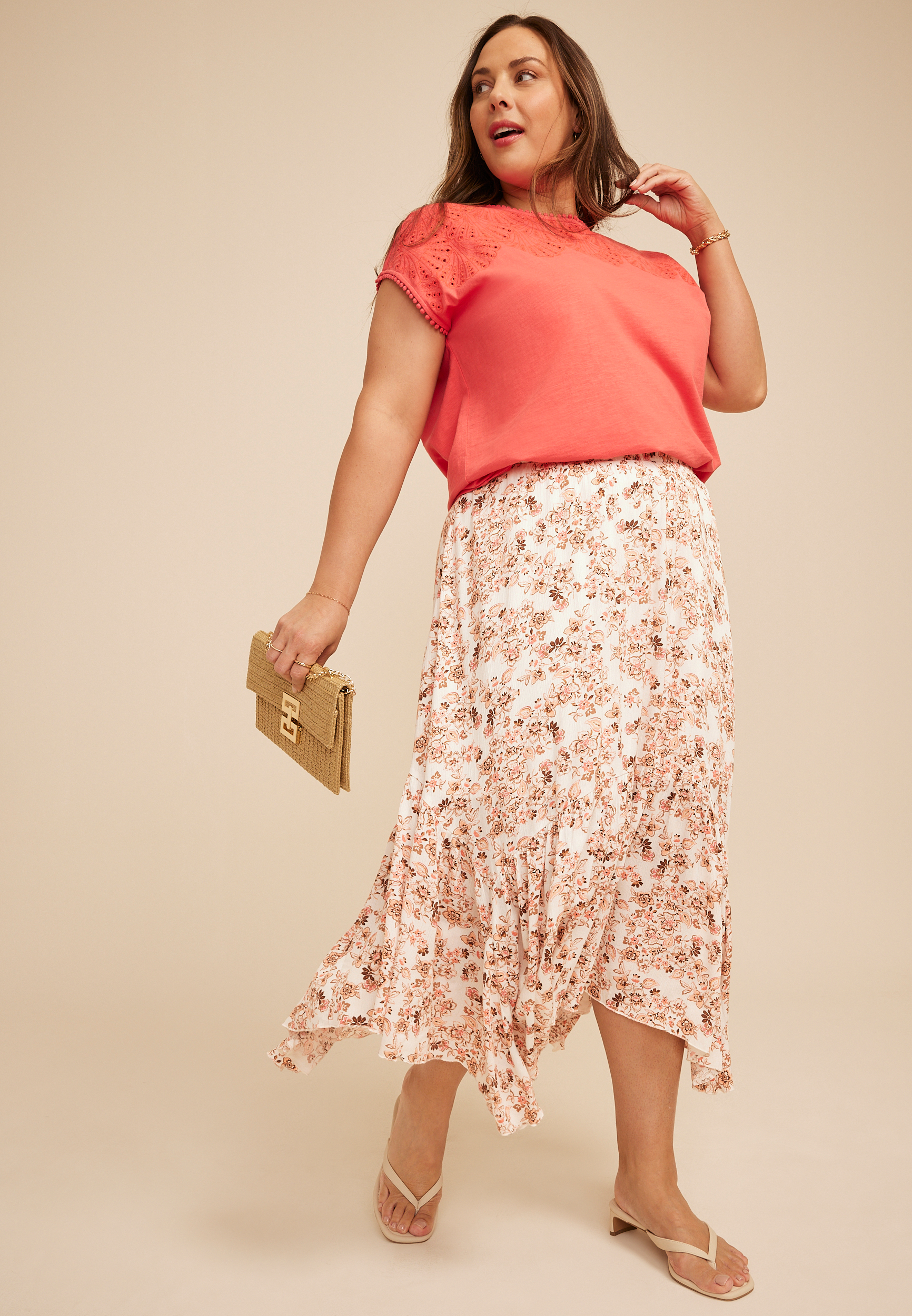 Plus Size Floral Crinkle Gauze Hanky Hem Maxi Skirt