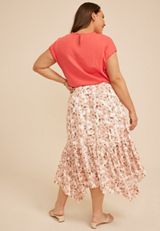 Plus Size Floral Crinkle Gauze Hanky Hem Maxi Skirt, C8086, small