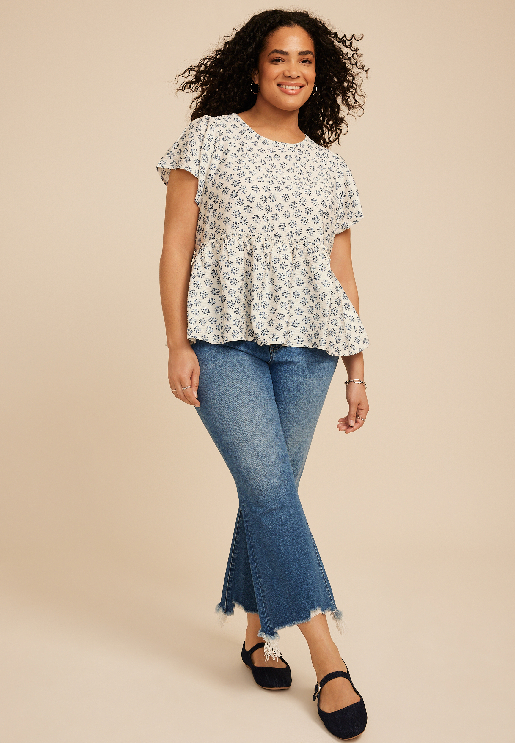 Plus Size Floral Print Peplum Flutter Sleeve Top