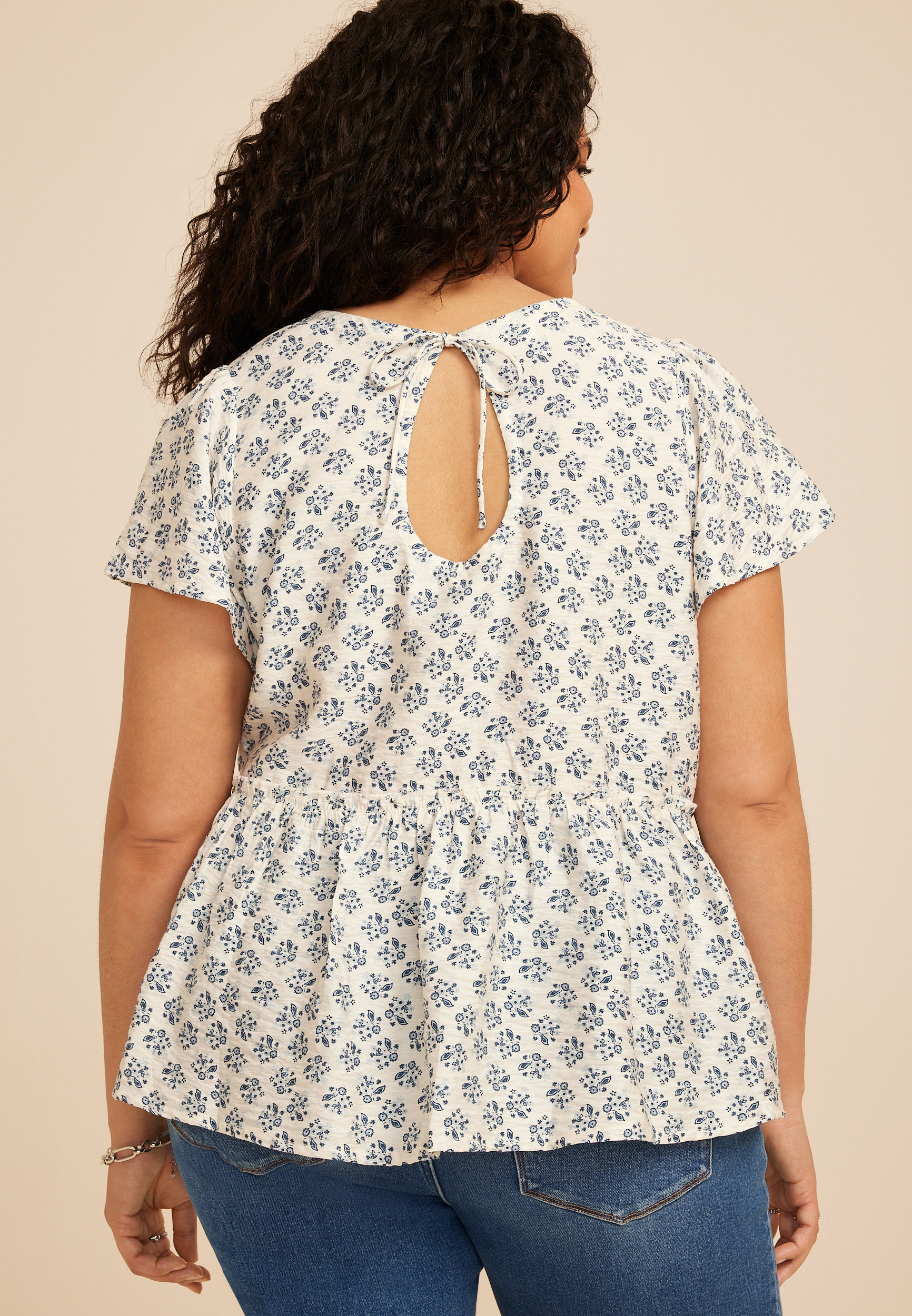 Plus Size Floral Print Peplum Flutter Sleeve Top, C1750, large