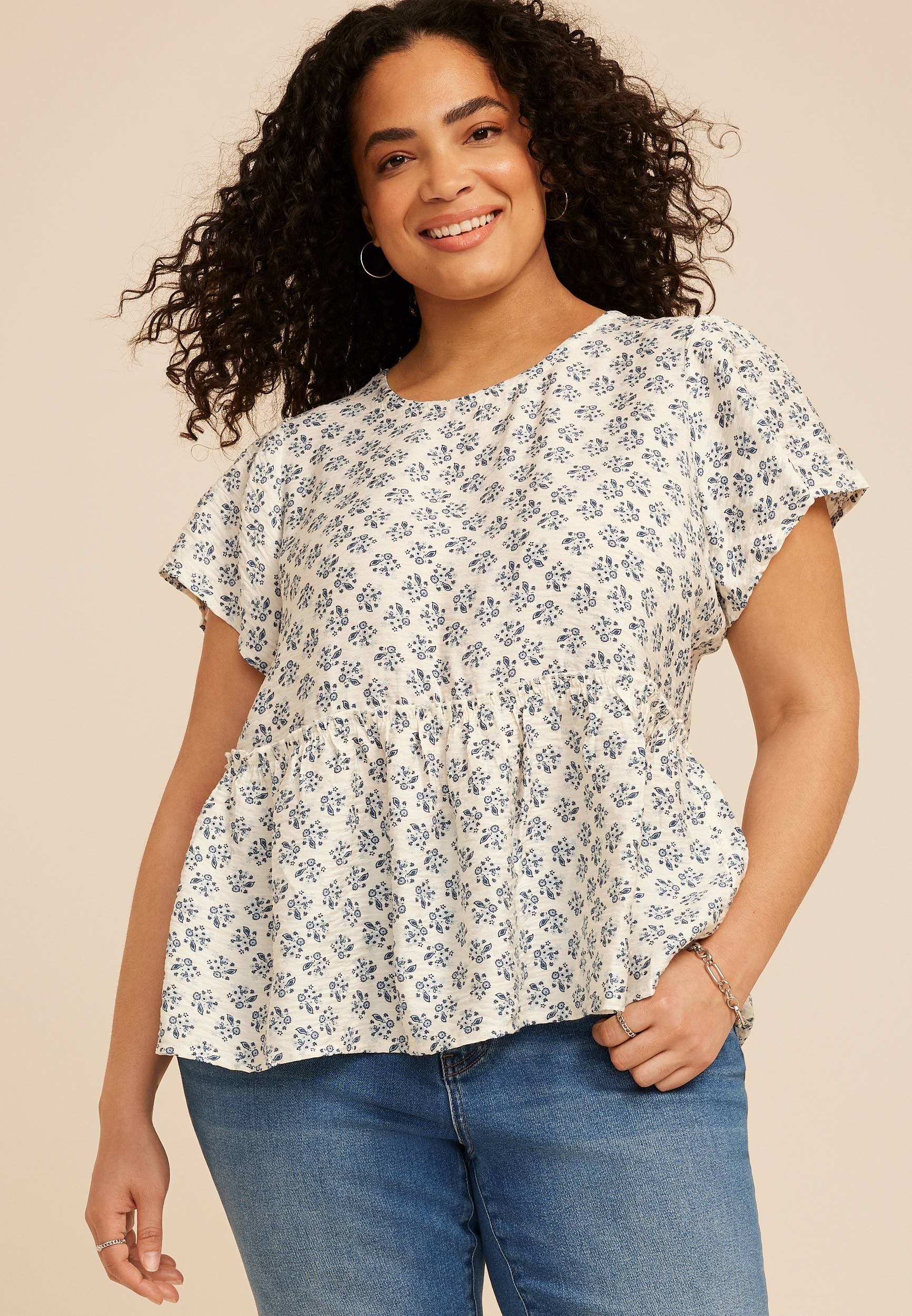 Plus Size Floral Print Peplum Flutter Sleeve Top, C1750, large