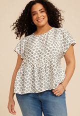 Plus Size Floral Print Peplum Flutter Sleeve Top, C1750, small