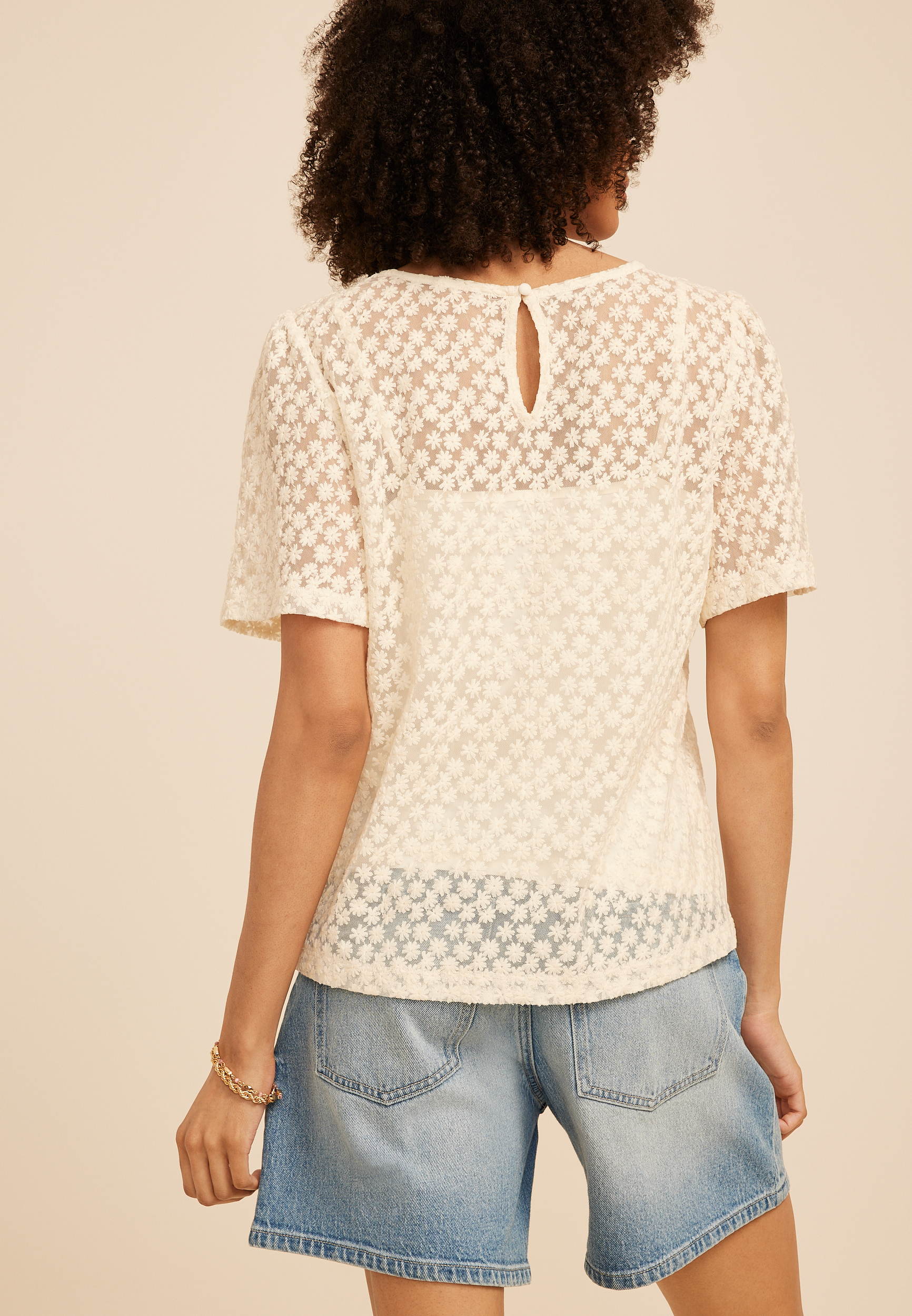 Floral Embroidered Sheer Short Sleeve Top, GARDENIA COMBO, large
