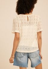 Floral Embroidered Sheer Short Sleeve Top, GARDENIA COMBO, small