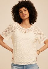 Floral Embroidered Sheer Short Sleeve Top, GARDENIA COMBO, small