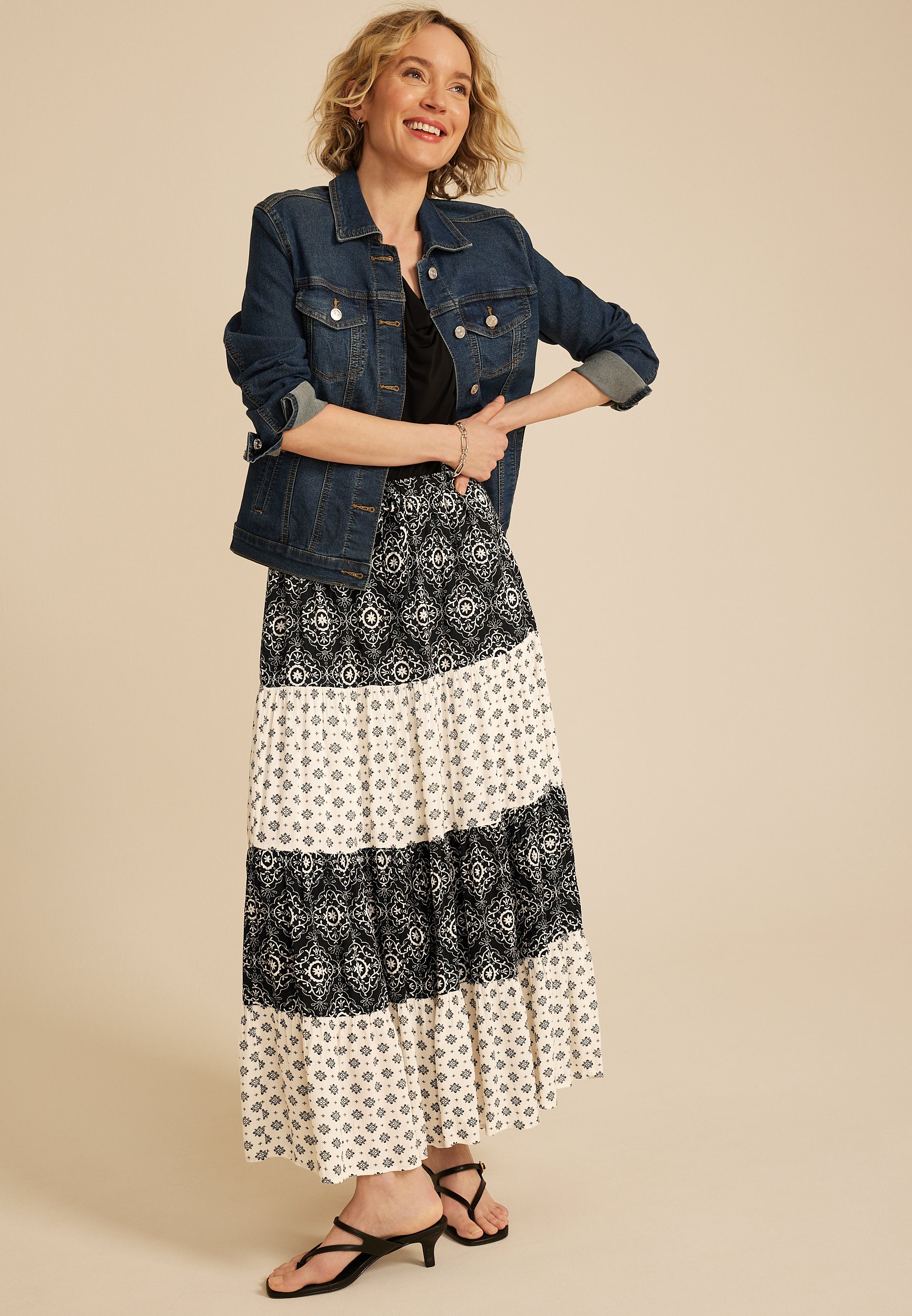 Mixed Print Tiered High Rise Maxi Skirt