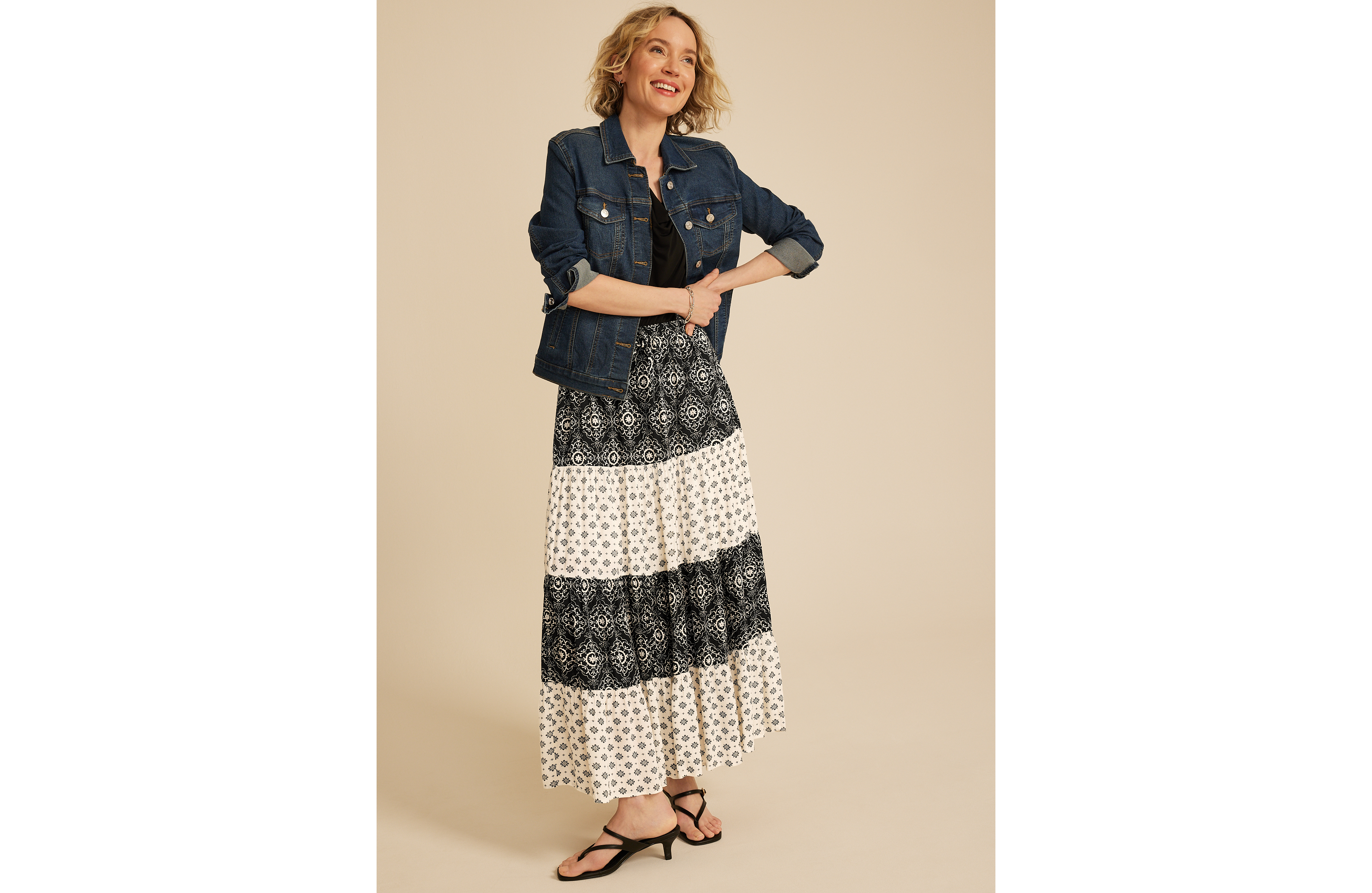 Mixed Print Tiered High Rise Maxi Skirt