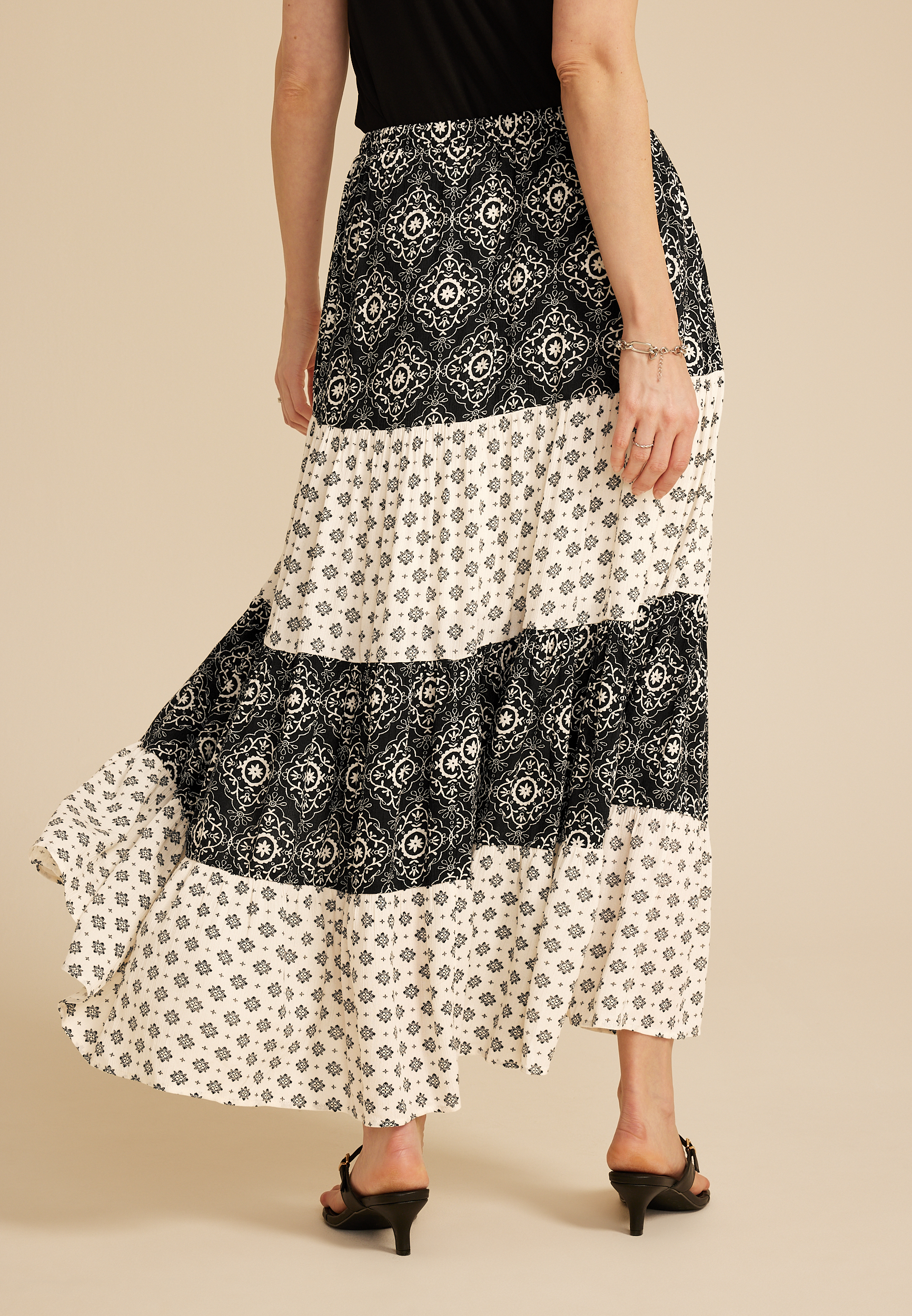 Mixed Print Tiered High Rise Maxi Skirt, C1756, large