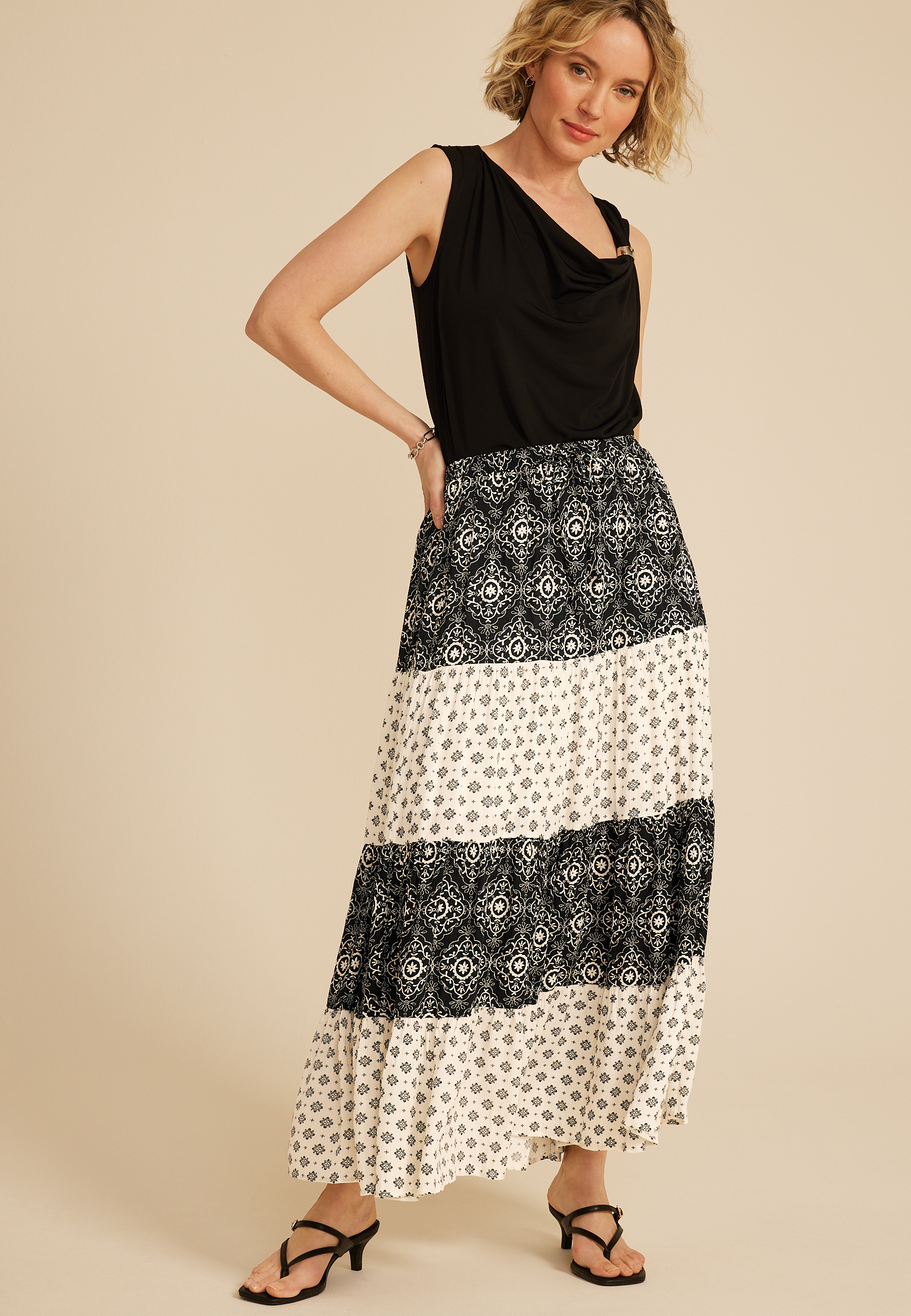 Mixed Print Tiered High Rise Maxi Skirt | maurices