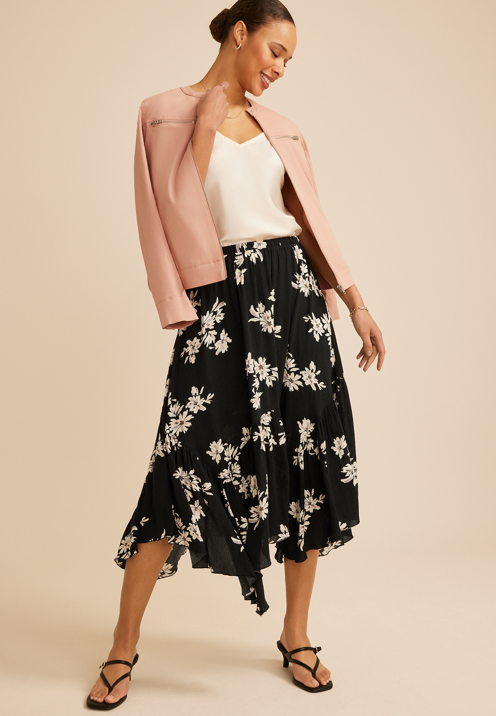 Black Floral Crinkle Gauze Hanky Hem Maxi Skirt