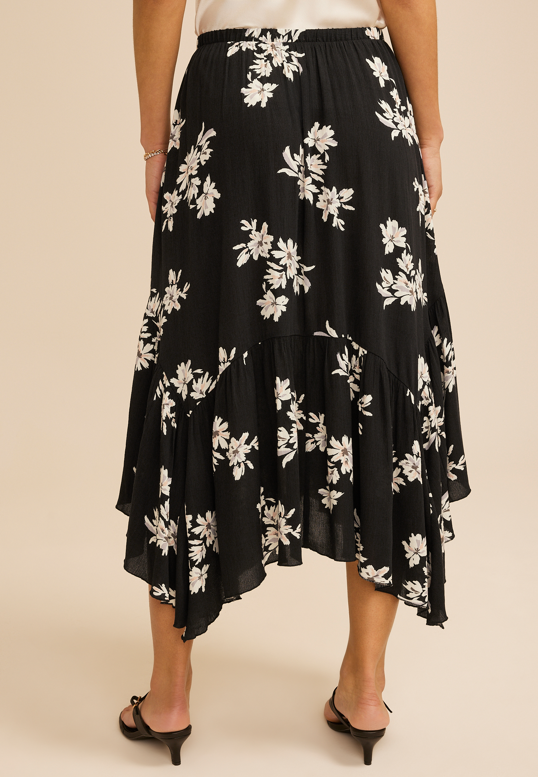 Black Floral Crinkle Gauze Hanky Hem Maxi Skirt, C1756, large