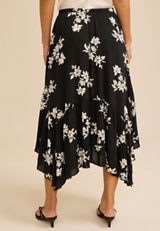 Black Floral Crinkle Gauze Hanky Hem Maxi Skirt, C1756, small