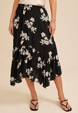 Black Floral Crinkle Gauze Hanky Hem Maxi Skirt, C1756, small