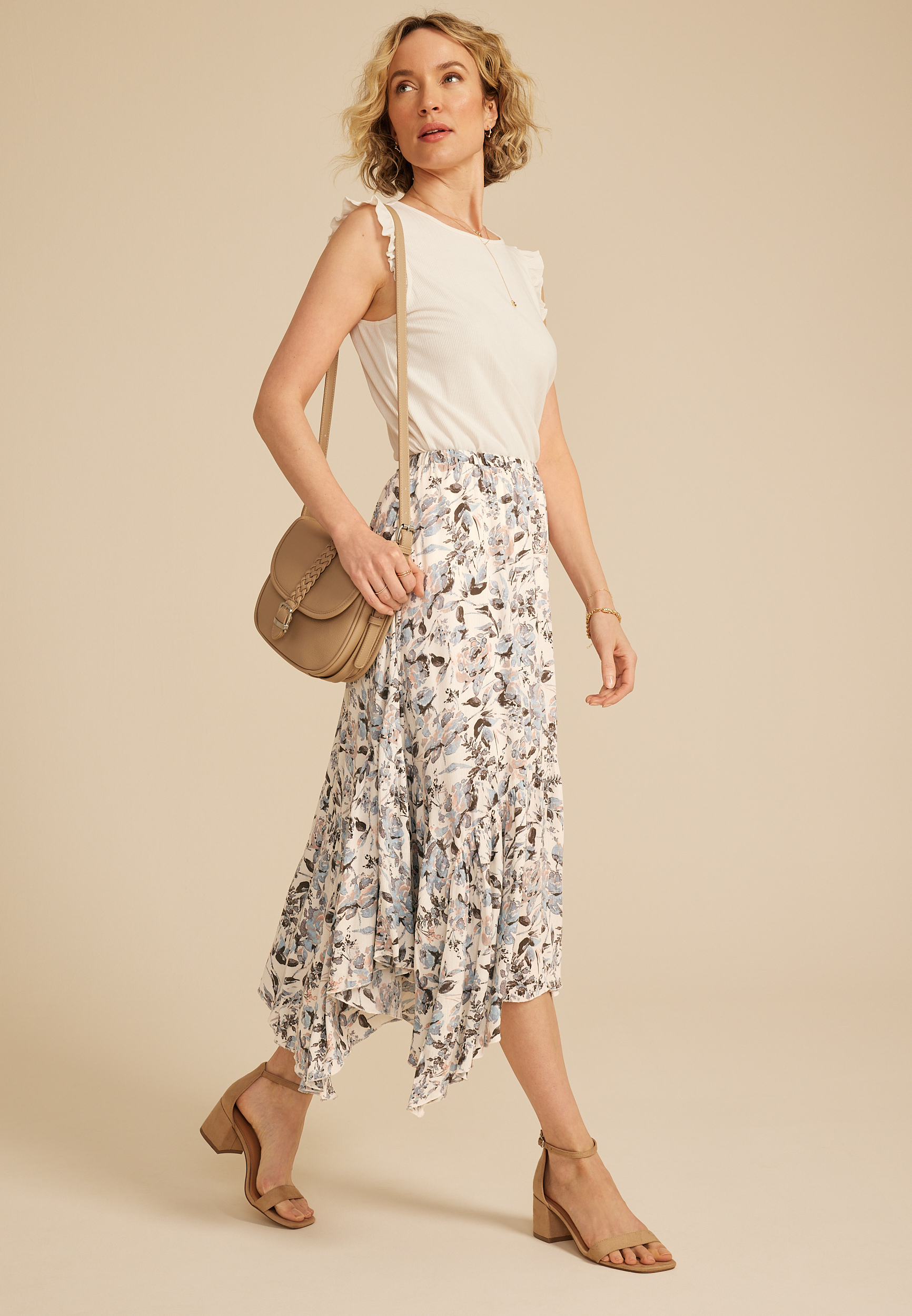 Blue Floral Crinkle Gauze Hanky Hem Maxi Skirt