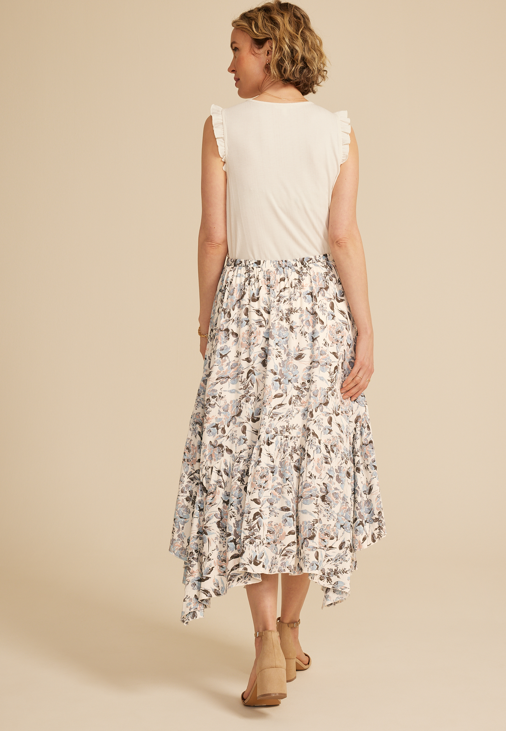 Blue Floral Crinkle Gauze Hanky Hem Maxi Skirt, C5487, large